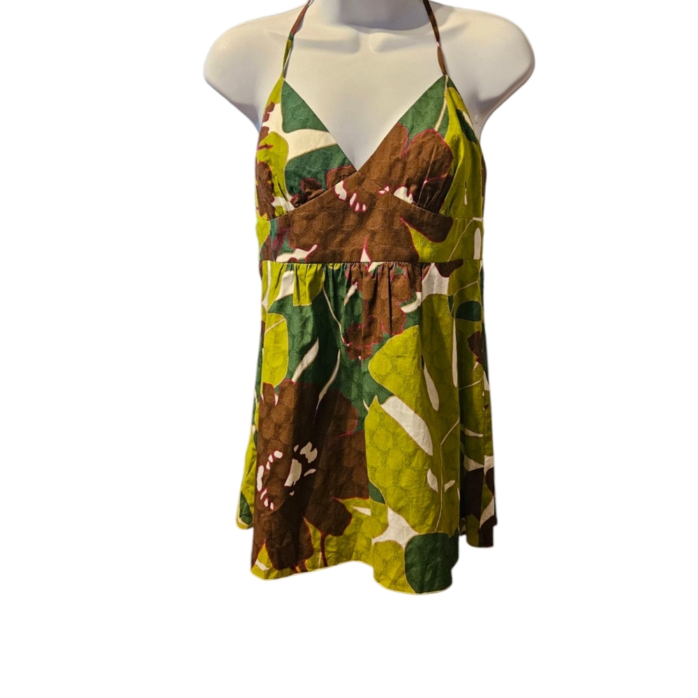Trina Turk Women's Floral Halter Top - Green and Brown Size 8